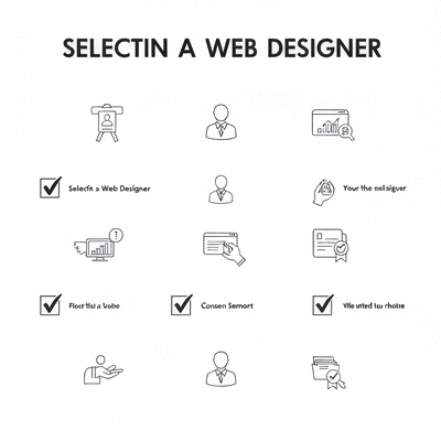 Checklist for choosing a web designer, with checkmarks and business items, clean and professional, no text, no words, no typography, clean image