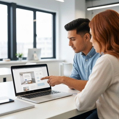 Professional web designer collaborating with a client on a laptop, showing website mockups, bright clean office, no text, no words, no typography, 8K