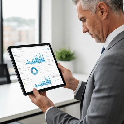 Australian business owner using a tablet to analyze website analytics, showing graphs and data visualizations, with a modern office background, clean image, no text, no words, no typography, 8K