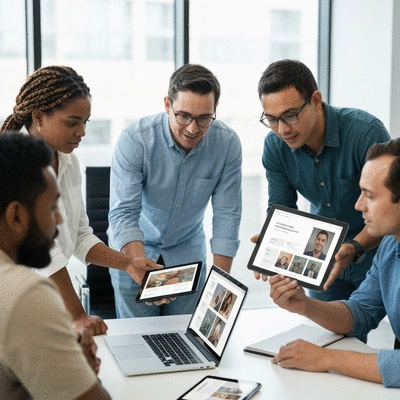 A diverse team of Australian web designers collaborating in a modern office, reviewing responsive website layouts on multiple devices (laptop, tablet, phone), no text, no words, no typography, clean image