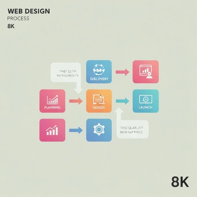 Summary of web design process with key steps like discovery, planning, design, and launch, clean image
