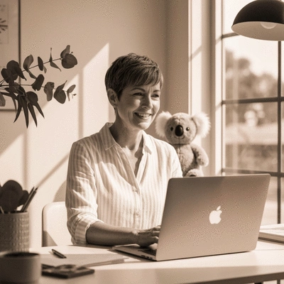 Local Australian web designer working on a laptop, showcasing cultural understanding and local market trends