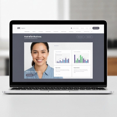 Modern Australian business website homepage on a laptop, showing user-centric design with clear calls to action and mobile responsiveness, clean image, no text, no words, no typography, 8K