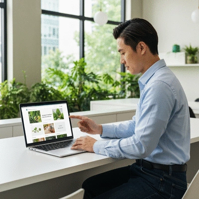 Professional demonstrating sustainable web design practices on a laptop in a modern office, no text, no words, no typography, clean image