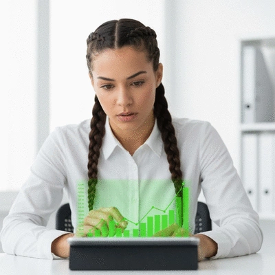 Person looking at a glowing green graph on a tablet, illustrating cost savings and environmental benefits of sustainable web design, clean image