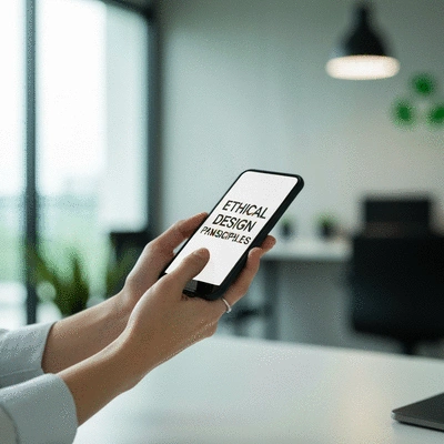 Hands holding a smartphone displaying ethical design principles, with a blurred background of a modern office