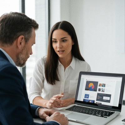 Web designer collaborating with a client, showing a laptop and design mockups, professional and modern setting, no text, no words, no typography, clean image