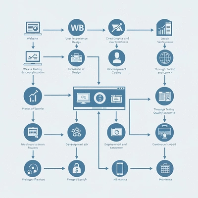 Detailed roadmap or flowchart for web design process, showing stages from planning to launch and maintenance, clean graphic, no text, no words, no typography, 8K