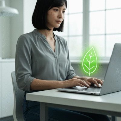 Person using a laptop with a green leaf icon on the screen, representing sustainable web design principles