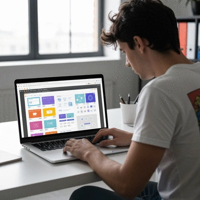 Web designer working on a laptop, showing website wireframes on screen
