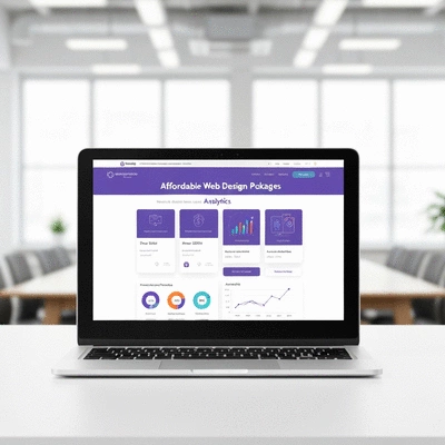 Modern laptop displaying a well-designed website with charts and data, illustrating affordable web design packages and analytics, no text, no words, no typography, clean image