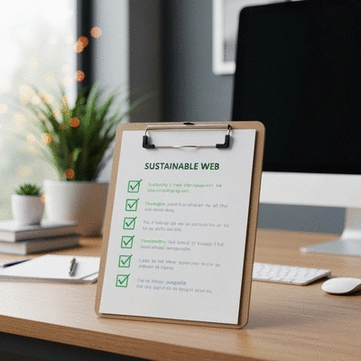 A checklist on a clipboard with sustainable web development tasks, green theme