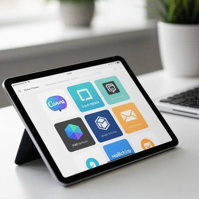 Various web design tools and software icons displayed on a tablet, showcasing options for small businesses