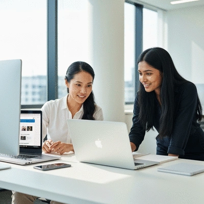 Web designer collaborating with client on laptop in a modern office, focusing on a website design with Australian market insights