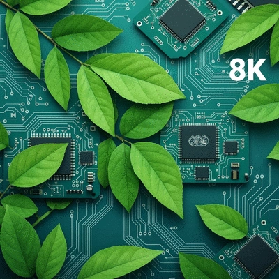 Stylized graphic representing eco-friendly web development with green leaves and circuit board elements
