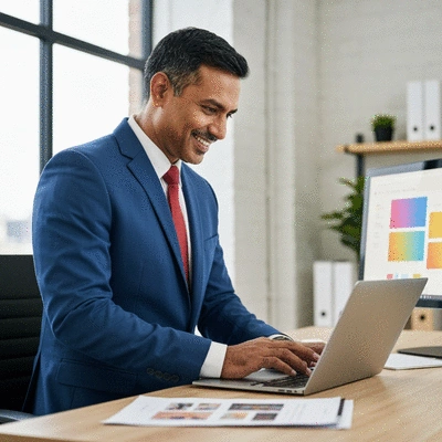 Professional web designer working on a modern laptop in a bright office environment