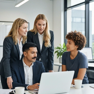 Modern office setting with a group of diverse professionals collaborating on a web design project, showcasing teamwork and local expertise